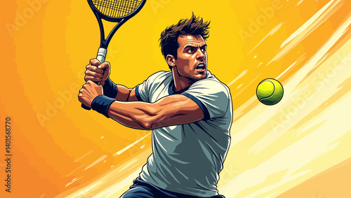 Powerful vector of a male tennis player preparing a two-handed backhand with intense focus and energy.