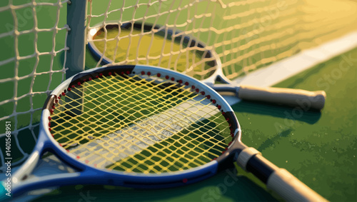 Closeup render of tennis rackets resting on green court under soft evening light next to white net.