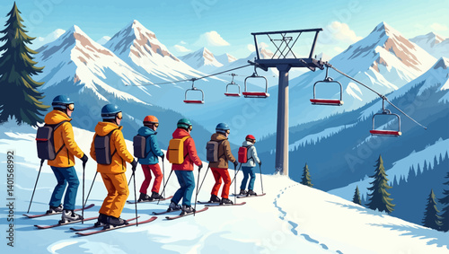 Vector illustration of a group of skiers waiting by ski lift with snowy mountain landscape in background.