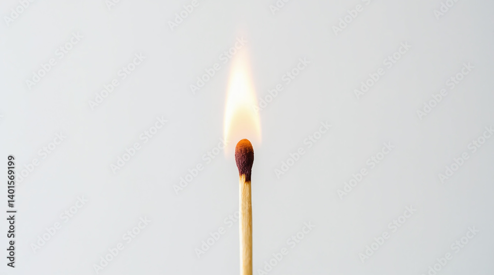 Burning Lit Matchstick or match on Clean Light background for Fire, Flame and Power Energy Burning Lit Matchstick or match on Clean Light background for Fire, Flame and Power Energy
