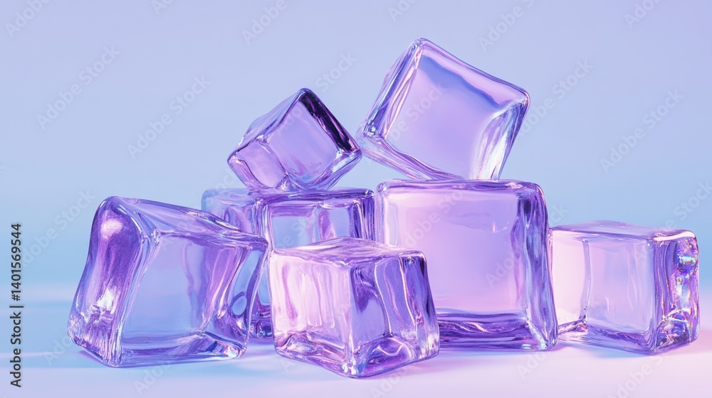 Iridescent ice cubes stacked against a soft blue and purple gradient background. A cool, crystalline aesthetic Iridescent ice cubes stacked against a soft blue and purple gradient background. A cool, crystalline aesthetic