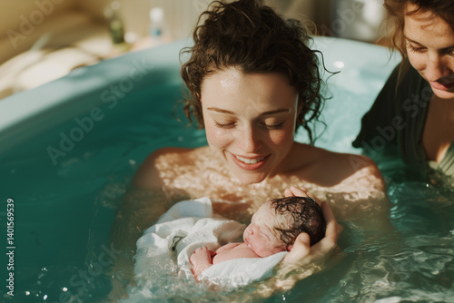 Mother holding newborn in water birth tub.