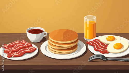 Classic American breakfast with pancakes, eggs, bacon, coffee, and orange juice on a wooden table.