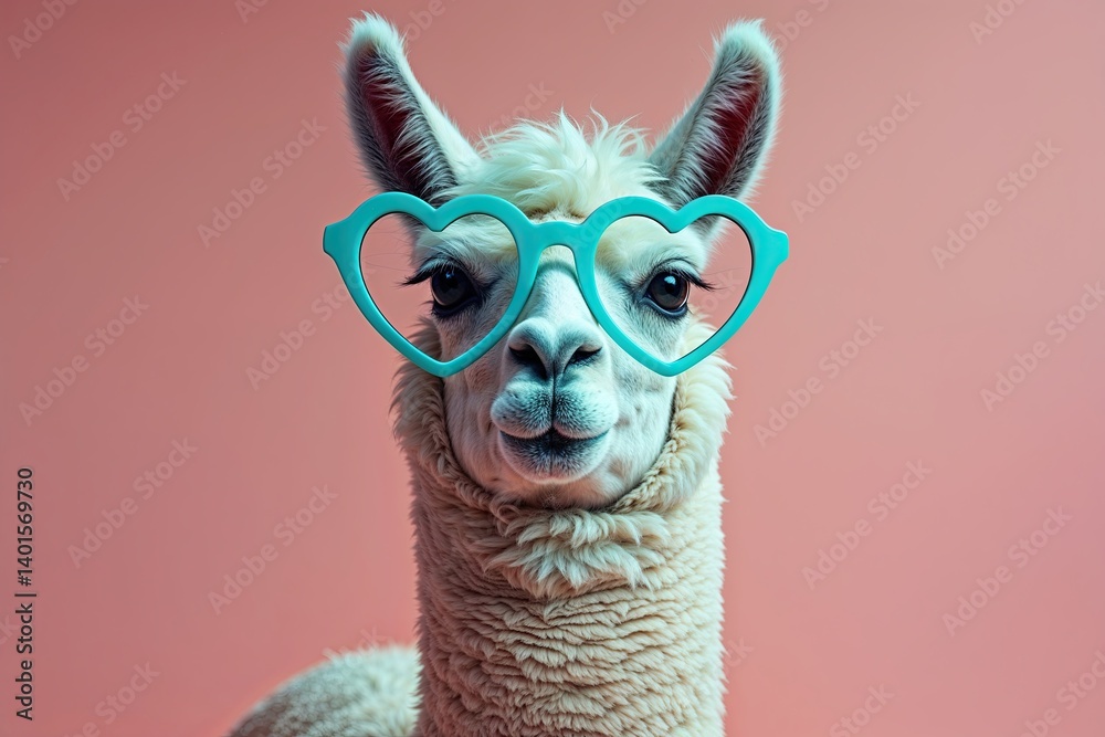 Fototapeta premium Colorful Playful Pastel Llama with Turquoise Heart Glasses on Soft Peach Background with Generous Copy Space
