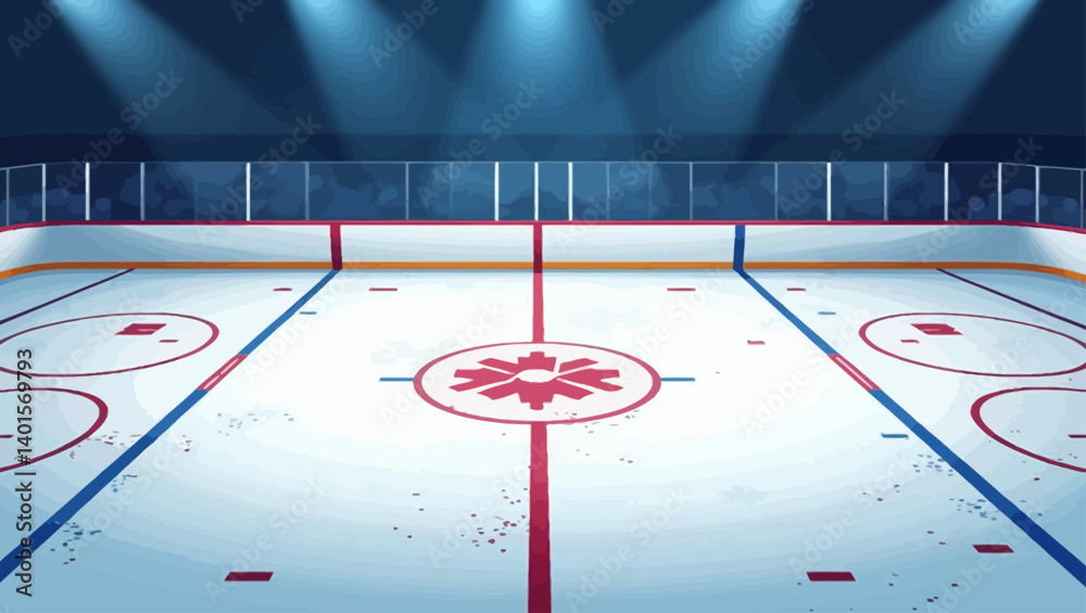Empty indoor ice hockey rink with bright overhead lights and clean markings at center ice.