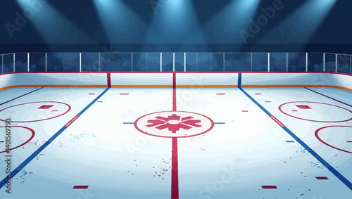 Empty indoor ice hockey rink with bright overhead lights and clean markings at center ice.