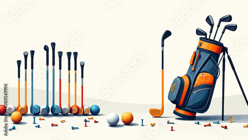 Vector illustration of golf clubs, balls, and tees arranged with a modern golf bag on clean background.