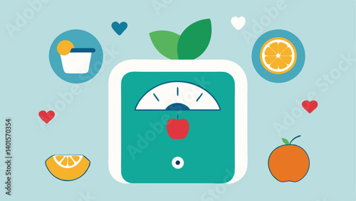 Smart Weight Scale A digital scale that displays weight along with BMI and other health metrics surrounded by icons motivating a healthy lifestyle like fruits and exercise.