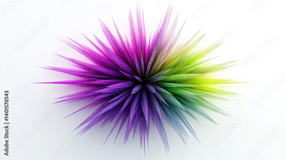 Fototapeta premium Vibrant, spiky burst of color transitioning from yellow-green to deep purple against a white background. Abstract and energetic