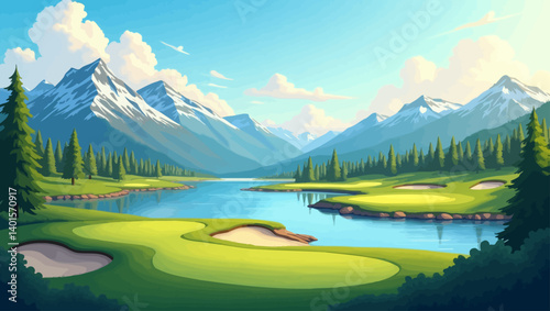 High mountain golf course vector with sand bunkers, lake, and pine trees under a bright blue sky.