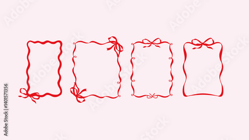 Bow Frame Y2K Coquette Pen Outline Cute Fashion or Baby Shower Feminine Ribbon Border, Charming Rectangle or Square Ink Doodle for Valentine Vector Illustration