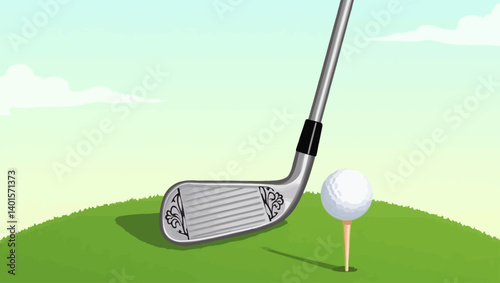 Close-up of golf iron and ball on tee on green field, minimal and clean vector sports concept.