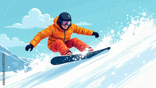 Snowboarder riding fast on fresh snow with speed and control in a bright, icy mountain setting.