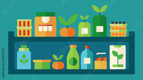 PlantBased Products Shelf A grocery shelf filled with plantbased products packaged in biodegradable materials showcasing ecoconscious choices.