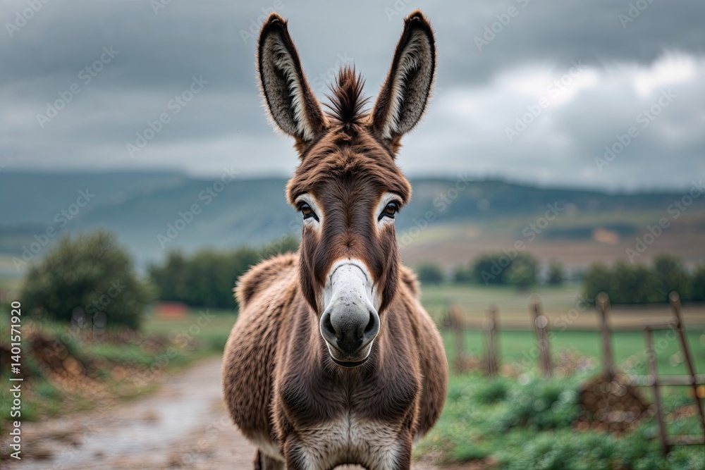 Rural Landscape Donkey Staring at Camera with Cloudy Sky Background Rural Landscape Donkey Staring at Camera with Cloudy Sky Background