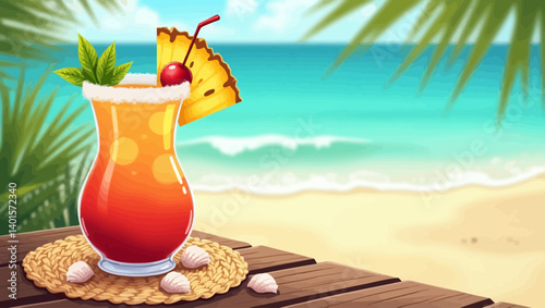 Colorful summer cocktail with pineapple, cherry, and mint on a beachside table with seashells and palm shade.