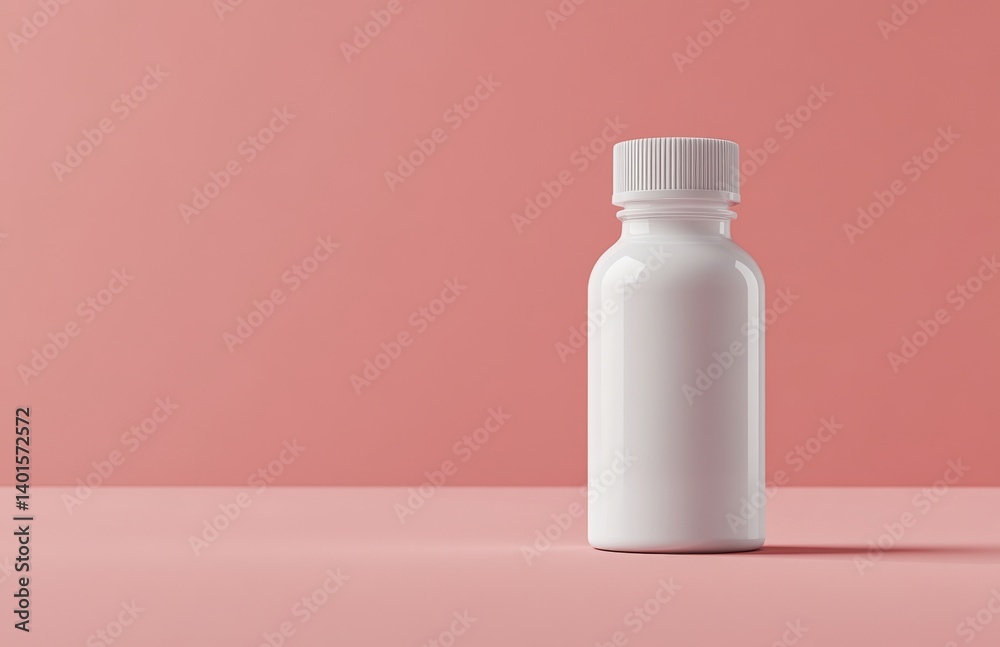 A white supplement bottle mockup, placed on a pink studio background. The blank label vitamin container acts as a template for natural organic bio pills. The packaging is clear and minimal, providing A white supplement bottle mockup, placed on a pink studio background. The blank label vitamin container acts as a template for natural organic bio pills. The packaging is clear and minimal, providing