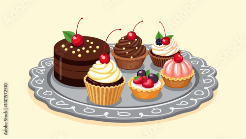 Delicious chocolate cake and cupcakes with cherries and cream toppings on a decorative silver plate.