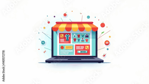 Online store interface on a laptop screen with colorful icons and digital shopping elements around.