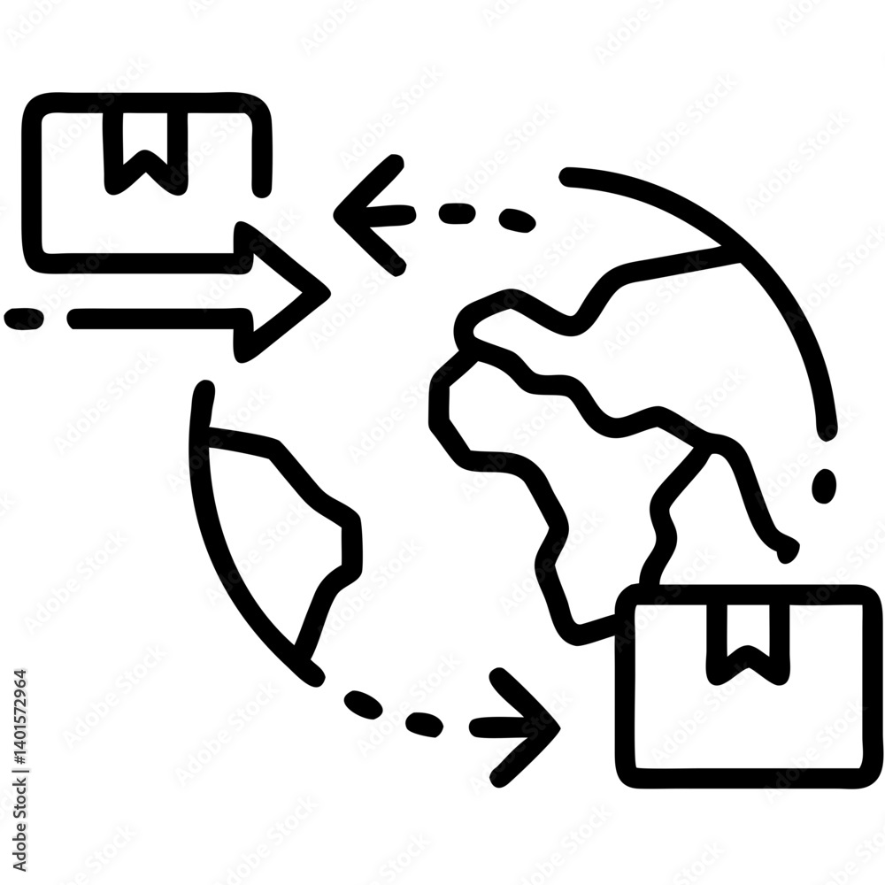 Global Trade Routes Icon with Packages and Arrows Global Trade Routes Icon with Packages and Arrows