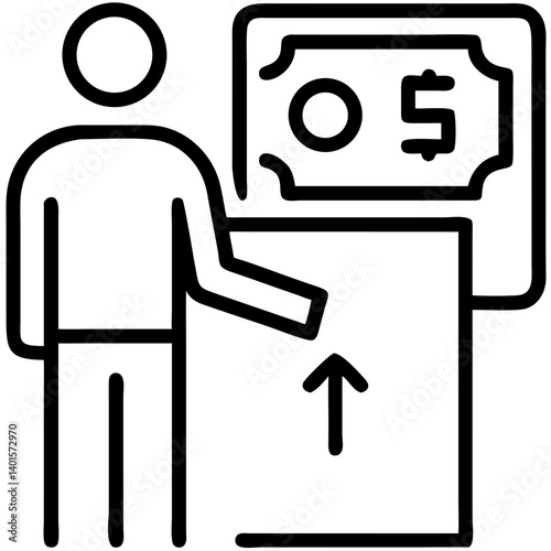 Person using ATM to withdraw cash against a simple background  