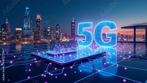 Digital 5G network connection emerging from a smartphone with glowing lines and futuristic city background.