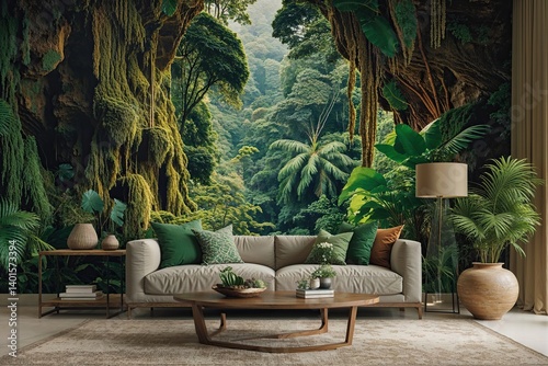 Vibrant Rainforest Canopy Artwork Featuring Lush Greens and Earthy Browns for Natural Textured Home Decor