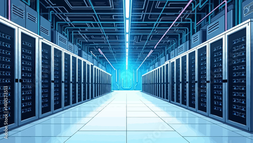 Advanced data center corridor with rows of servers, glowing lights, and a central digital exit.