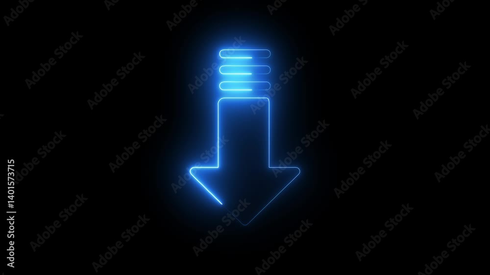 Glowing neon Down Arrow icon isolated on black background. swipe down arrow icon. download icon sign. down arrows icon. Download arrow animation. Bouncing down icon arrow with a black background.