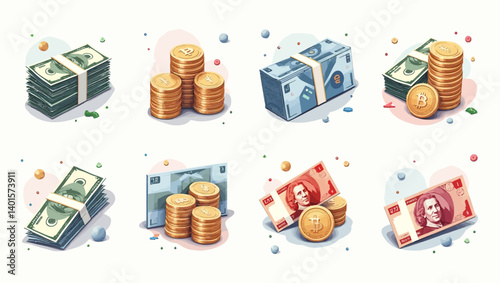 Collection of paper money and coin illustrations in a variety of international currencies.