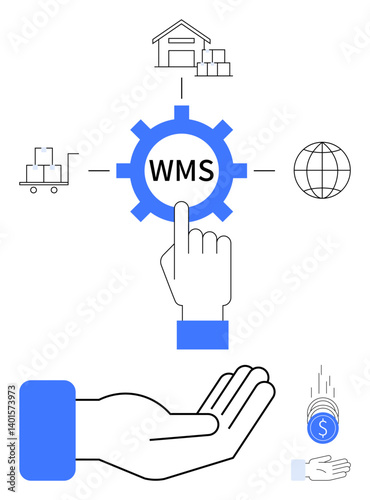 Hand interacting with WMS gear icon surrounded by warehouse, truck, globe, and payment symbols. Ideal for logistics, supply chain, automation, technology, operations distribution inventory control