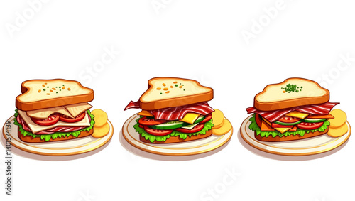  Cartoon vector of three delicious sandwiches on plates with chips and toppings.