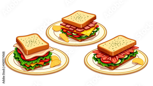 Vector illustration of three stacked sandwiches served on plates with various fillings and crispy chips.