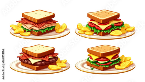 Cartoon vector of four different sandwiches with potato chips served on white plates.