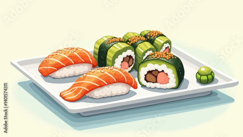 Cartoon sushi platter with salmon nigiri and seaweed-wrapped rolls served with green garnish.
