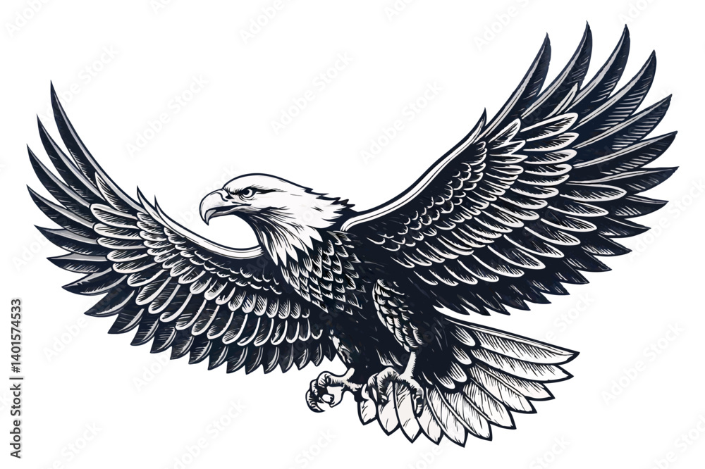 Fototapeta premium Detailed monochrome illustration of an eagle with outstretched wings against a white background