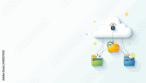Cloud storage concept with secure folders connected to a locked central cloud icon.