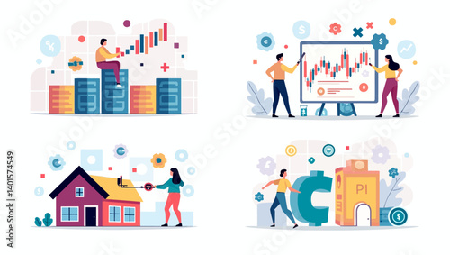 Flat illustration of finance, home purchase, investment growth, and digital banking concepts.