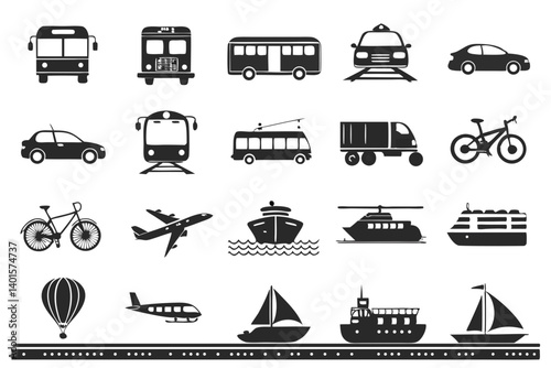 Collection of various transportation methods including land air and water vehicles icons set vector