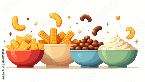 Colorful bowls filled with assorted crunchy snacks, nuts, and creamy dip in a fun and festive flat style.