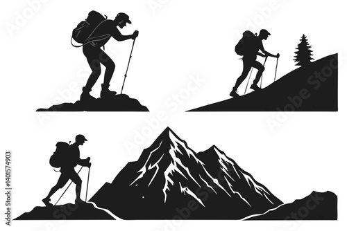Silhouettes of hikers climbing mountains and hills with backpacks and trekking poles in various poses