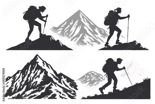 Silhouettes of hikers with backpacks and trekking poles climbing mountains on a white background scene view