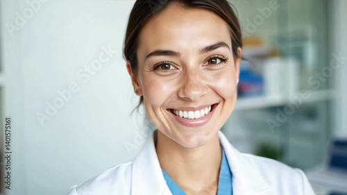 Smiling Female Healthcare Professional with a friendly mood greeting patients or colleagues against a medical office backdrop