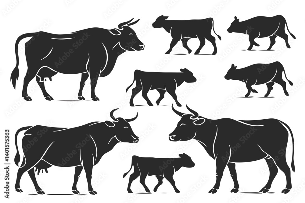 Collection of stylized black silhouette illustrations of cows and calves in various poses and sizes Collection of stylized black silhouette illustrations of cows and calves in various poses and sizes
