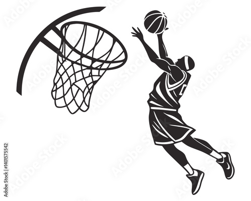 Silhouette of a basketball player jumping to shoot the ball into the hoop on white background is shown