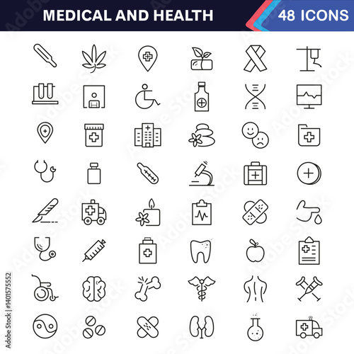Hospital and medical health care editable stroke outline icons set isolated on white background flat vector illustration.