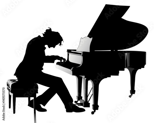 Silhouette of a pianist playing a grand piano with sheet music on a stool in monochrome art