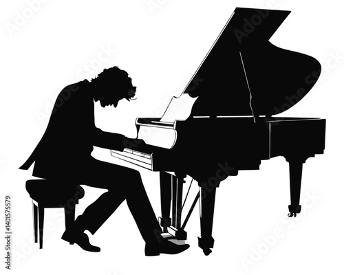 Silhouette of a man playing a grand piano with sheet music in a monochrome black and white setting