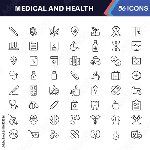 Medicine and health set of web icons in line style. Medical icons for web and mobile app. Medicine and Health Care symbols. Emergency, medical equipment, RX, MRI, doctor, lab, virus, wellness