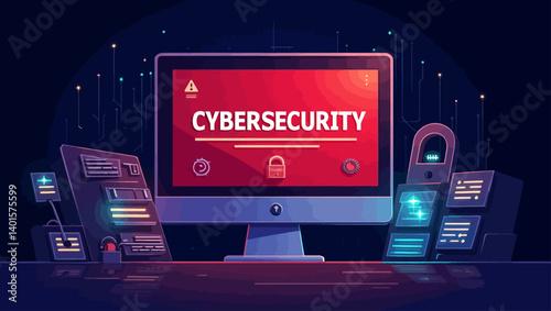 Computer screen showing “Cybersecurity” surrounded by tech equipment and secured servers in a futuristic setup.